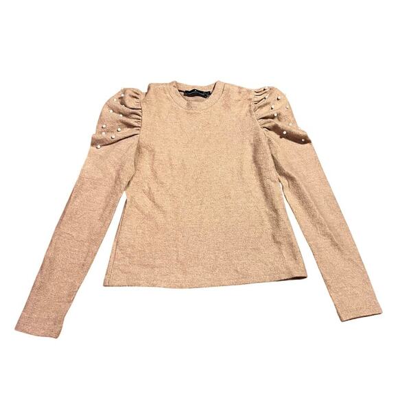 Pomander Place Tuckernuck Puff Pearl Sleeve Sweater Size Small Tan Preppy Party - Picture 2 of 8